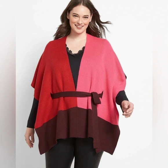 NWT Lane Bryant Color Block Poncho Tie Waist Sweater Shawl Sz 14-20 - Picture 1 of 3